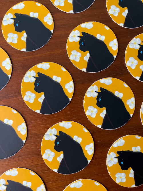 Black Cat With Jasmine Flowers Sticker