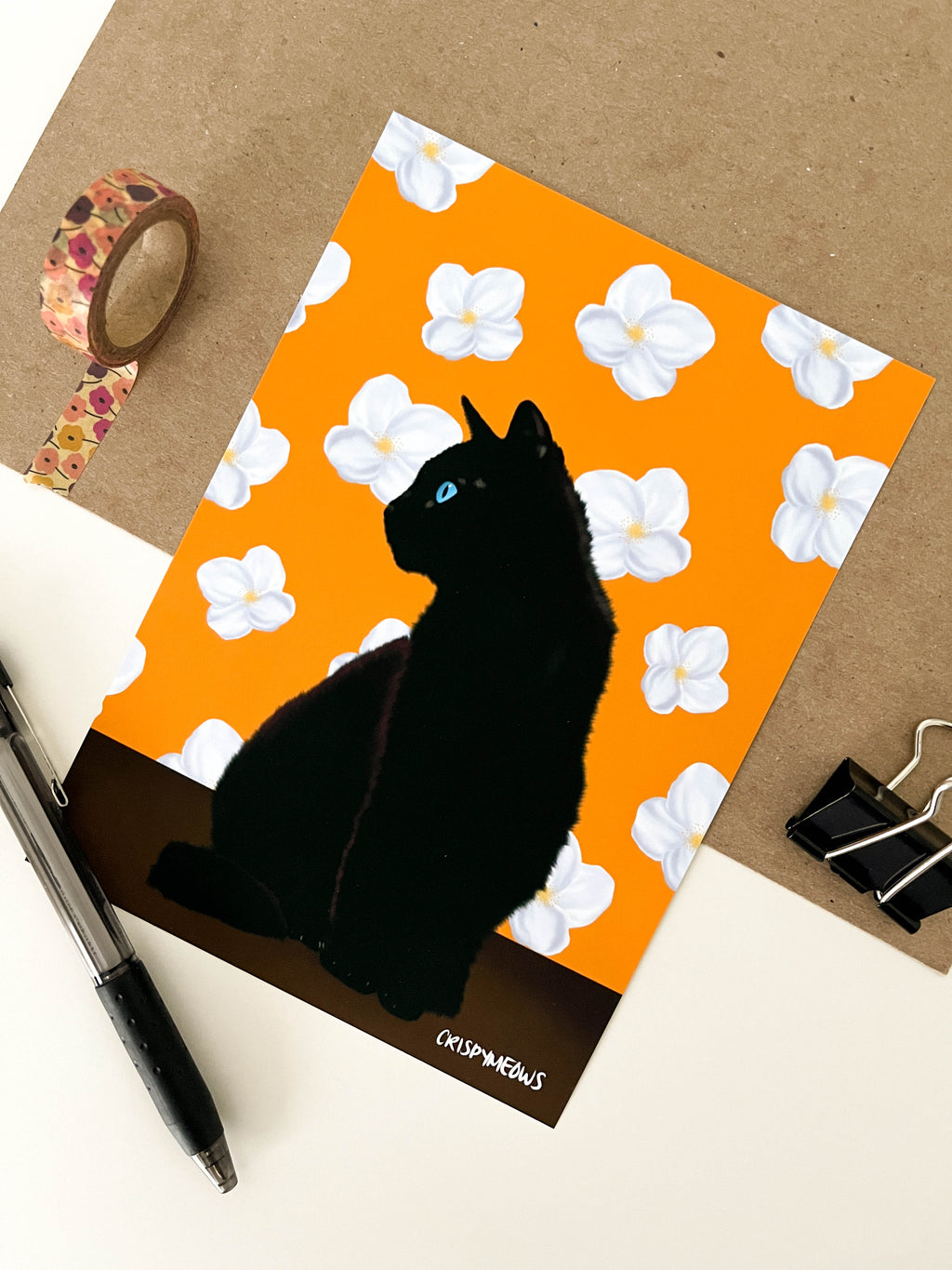 Black Cat With Jasmine Flowers, 5 x 7 Print