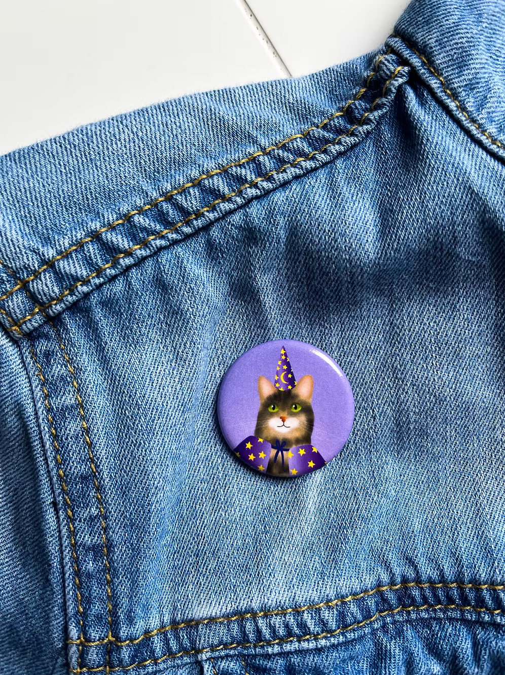 Wizard Cat Round Button Pin, 1.25"